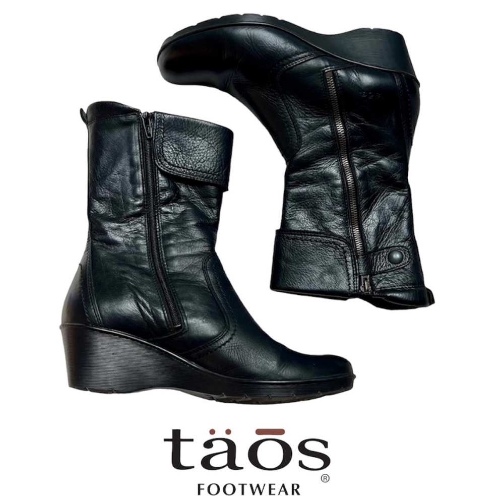 Taos Footwear Black Leather Boots. Wedge Heels. Fleece Lined Sz 10-10.5 / 41 EUC